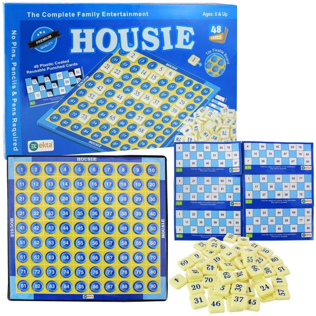 Housie Board Game with 48 Reusable Cards & Tile Fixable Board Game